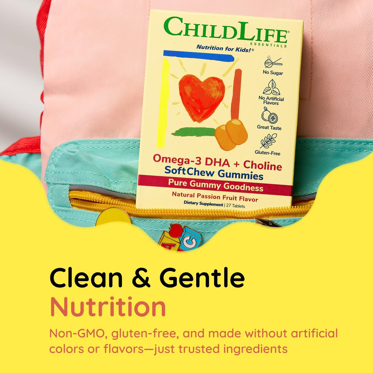 ChildLife Essentials Omega-3 DHA + Cholin SoftChew Gummis für Kinder – Omega 3 DHA Gummis mit Cholin, Fischöl für Babys, Kleinkinder und Kinder – Natürlicher Passionsfruchtgeschmack, 27 Tabletten