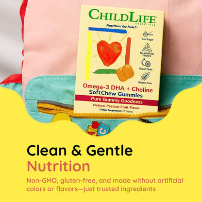 ChildLife Essentials Omega-3 DHA + Cholin SoftChew Gummis für Kinder – Omega 3 DHA Gummis mit Cholin, Fischöl für Babys, Kleinkinder und Kinder – Natürlicher Passionsfruchtgeschmack, 27 Tabletten