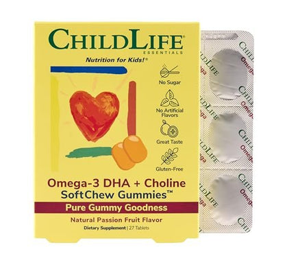 ChildLife Essentials Omega-3 DHA + Cholin SoftChew Gummis für Kinder – Omega 3 DHA Gummis mit Cholin, Fischöl für Babys, Kleinkinder und Kinder – Natürlicher Passionsfruchtgeschmack, 27 Tabletten