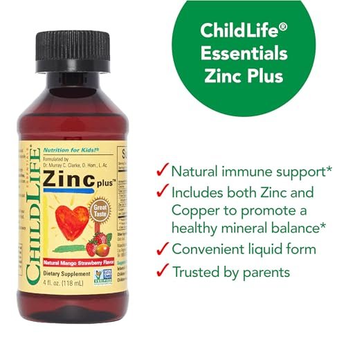 ChildLife Essentials Liquid Zinc Plus für Kinder & Kleinkinder – flüssige Nahrungsergänzungstropfen mit Zinkgluconat & Kupfer zur Unterstützung des Immunsystems, essentielle Mineralien – Mango-Erdbeer-Geschmack, 118 ml (1er-Pack)