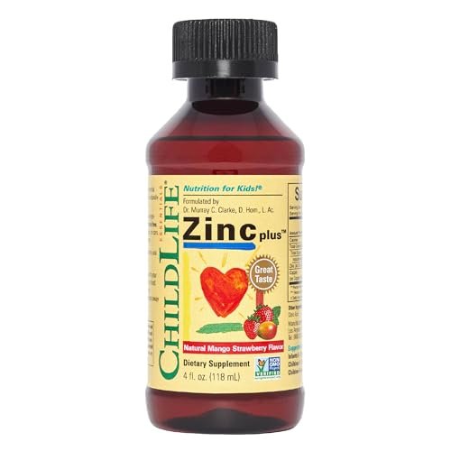 ChildLife Essentials Liquid Zinc Plus für Kinder & Kleinkinder – flüssige Nahrungsergänzungstropfen mit Zinkgluconat & Kupfer zur Unterstützung des Immunsystems, essentielle Mineralien – Mango-Erdbeer-Geschmack, 118 ml (1er-Pack)