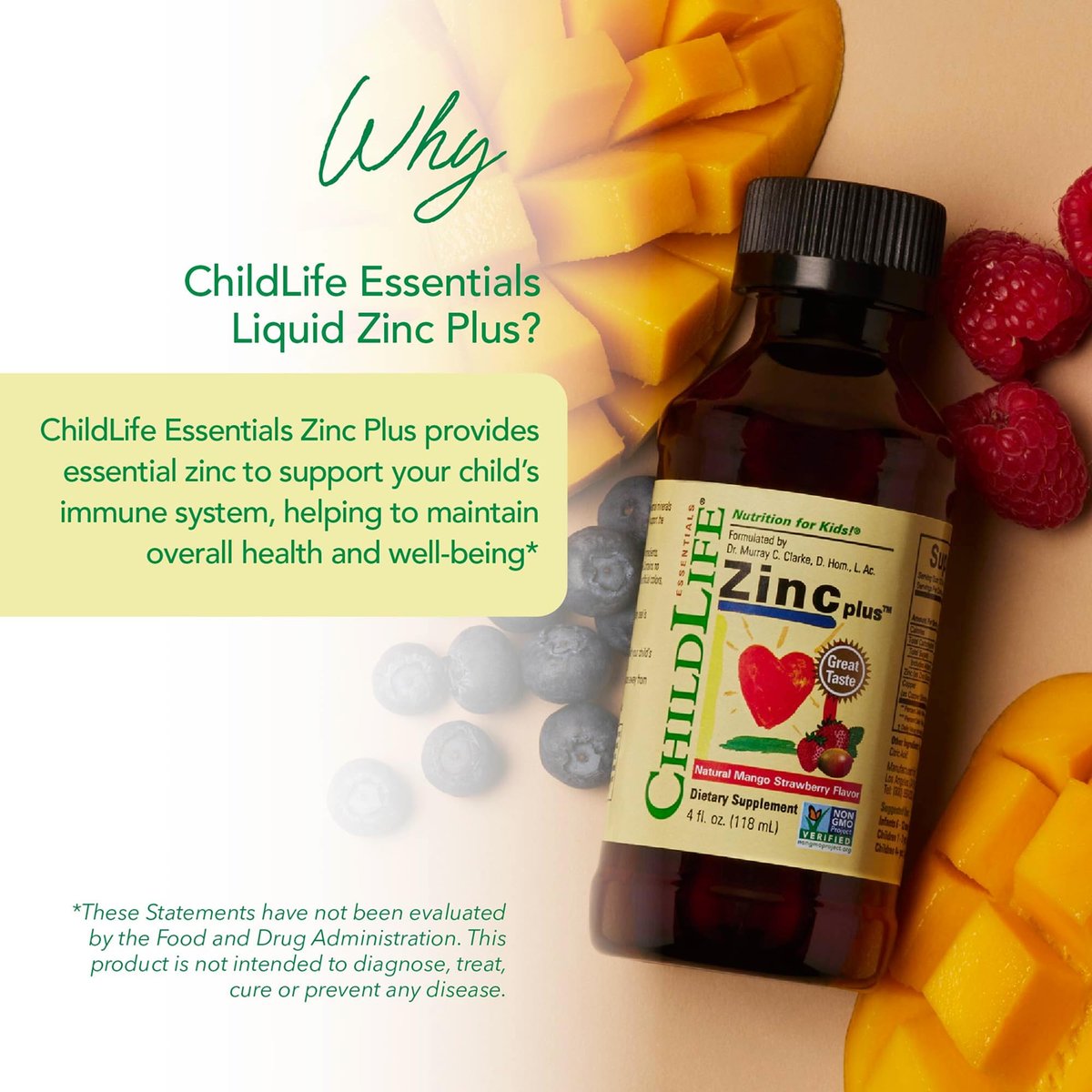 ChildLife Essentials Liquid Zinc Plus für Kinder & Kleinkinder – flüssige Nahrungsergänzungstropfen mit Zinkgluconat & Kupfer zur Unterstützung des Immunsystems, essentielle Mineralien – Mango-Erdbeer-Geschmack, 118 ml (1er-Pack)