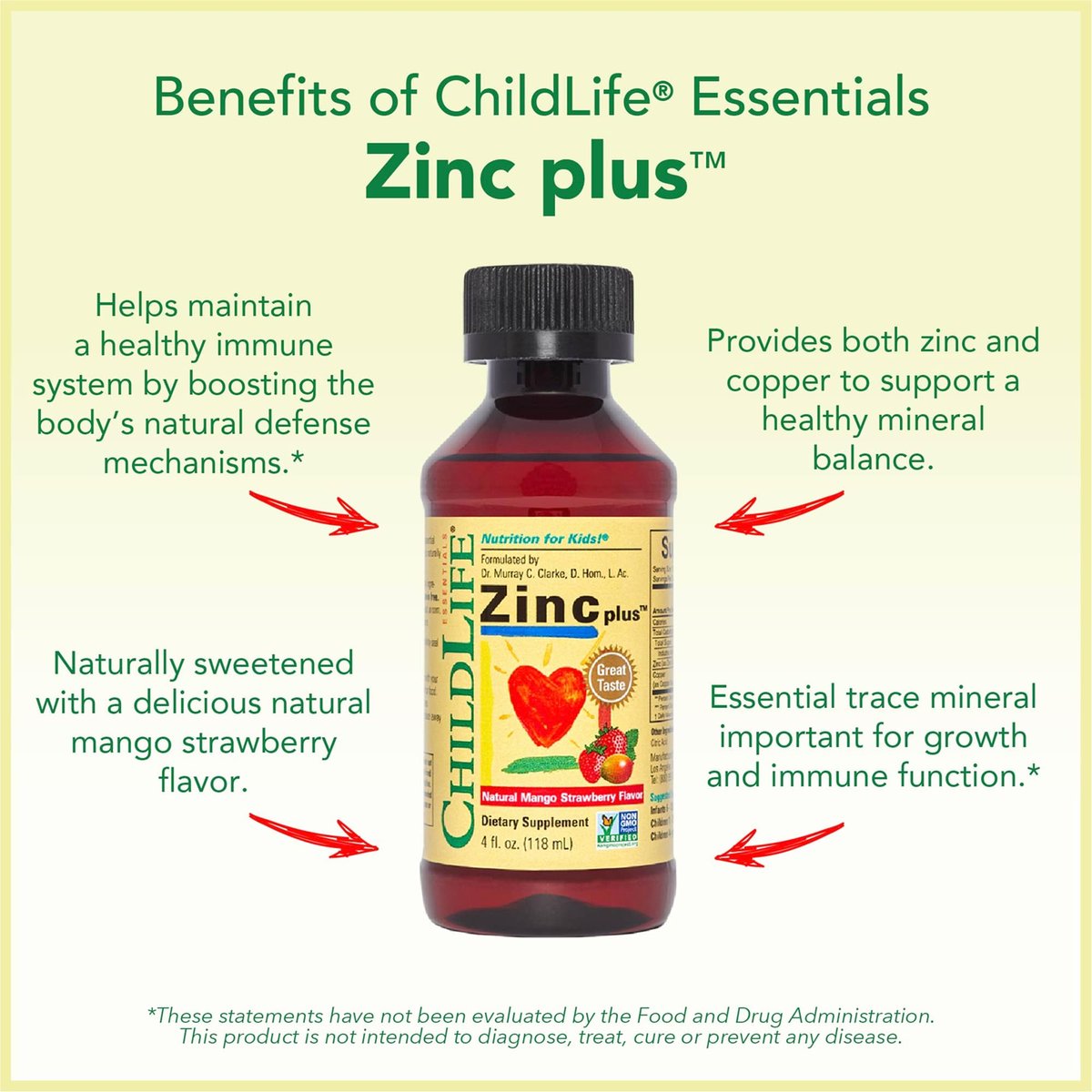 ChildLife Essentials Liquid Zinc Plus für Kinder & Kleinkinder – flüssige Nahrungsergänzungstropfen mit Zinkgluconat & Kupfer zur Unterstützung des Immunsystems, essentielle Mineralien – Mango-Erdbeer-Geschmack, 118 ml (1er-Pack)