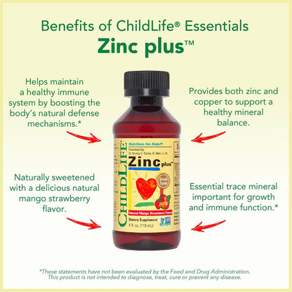 ChildLife Essentials Liquid Zinc Plus für Kinder & Kleinkinder – flüssige Nahrungsergänzungstropfen mit Zinkgluconat & Kupfer zur Unterstützung des Immunsystems, essentielle Mineralien – Mango-Erdbeer-Geschmack, 118 ml (1er-Pack)