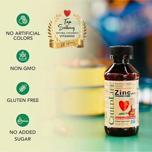 ChildLife Essentials Liquid Zinc Plus für Kinder & Kleinkinder – flüssige Nahrungsergänzungstropfen mit Zinkgluconat & Kupfer zur Unterstützung des Immunsystems, essentielle Mineralien – Mango-Erdbeer-Geschmack, 118 ml (1er-Pack)