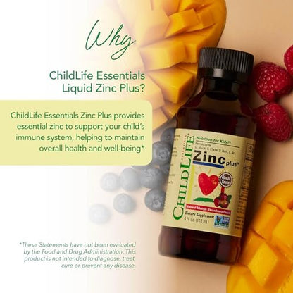 ChildLife Essentials Liquid Zinc Plus für Kinder & Kleinkinder – flüssige Nahrungsergänzungstropfen mit Zinkgluconat & Kupfer zur Unterstützung des Immunsystems, essentielle Mineralien – Mango-Erdbeer-Geschmack, 118 ml (1er-Pack)