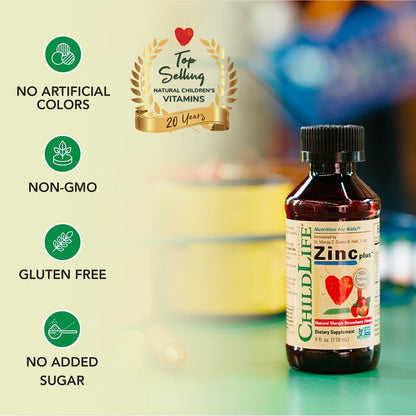 ChildLife Essentials Liquid Zinc Plus für Kinder & Kleinkinder – flüssige Nahrungsergänzungstropfen mit Zinkgluconat & Kupfer zur Unterstützung des Immunsystems, essentielle Mineralien – Mango-Erdbeer-Geschmack, 118 ml (1er-Pack)