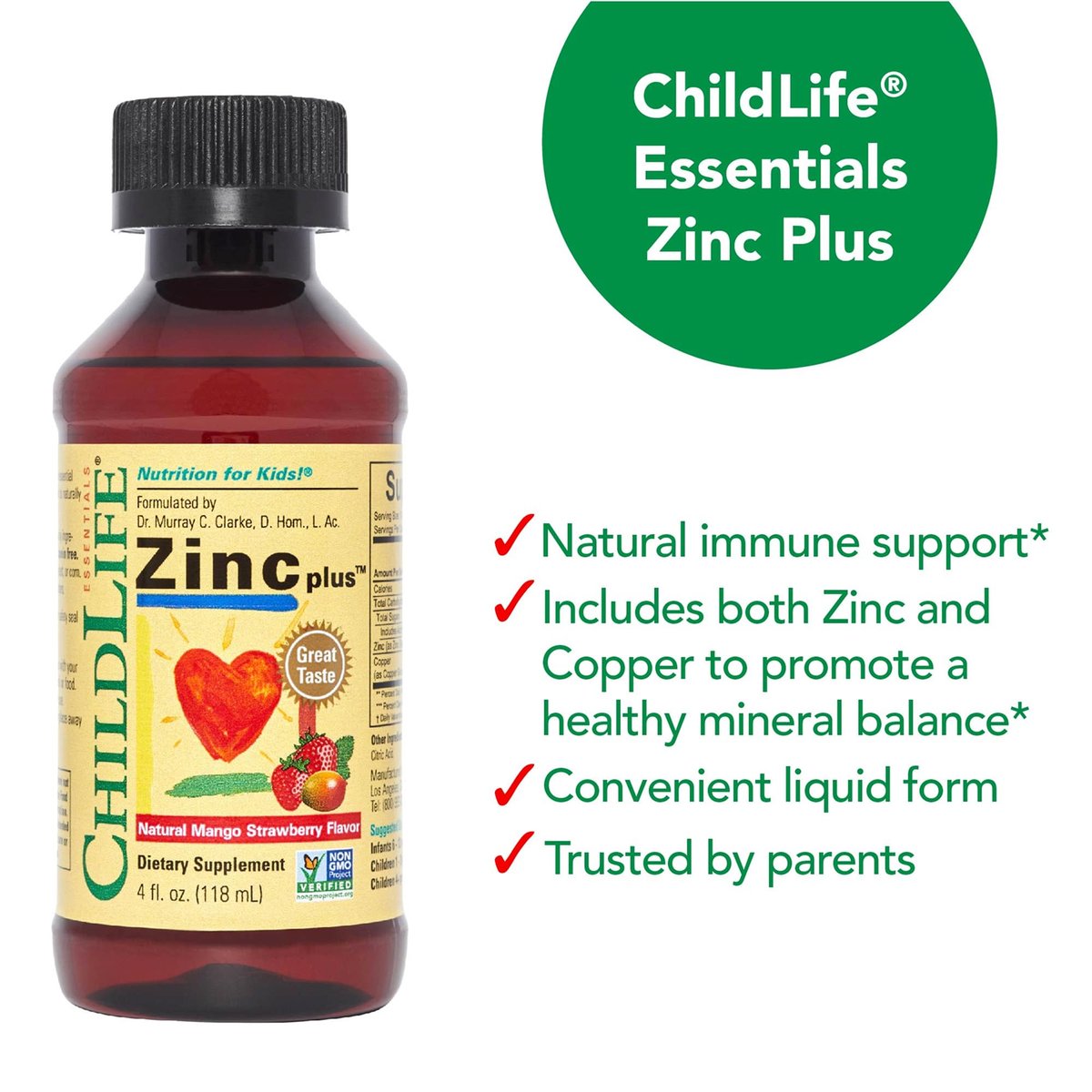 ChildLife Essentials Liquid Zinc Plus für Kinder & Kleinkinder – flüssige Nahrungsergänzungstropfen mit Zinkgluconat & Kupfer zur Unterstützung des Immunsystems, essentielle Mineralien – Mango-Erdbeer-Geschmack, 118 ml (1er-Pack)