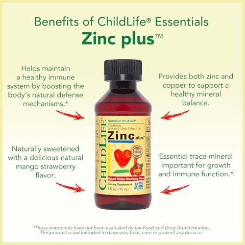 ChildLife Essentials Liquid Zinc Plus für Kinder & Kleinkinder – flüssige Nahrungsergänzungstropfen mit Zinkgluconat & Kupfer zur Unterstützung des Immunsystems, essentielle Mineralien – Mango-Erdbeer-Geschmack, 118 ml (1er-Pack)
