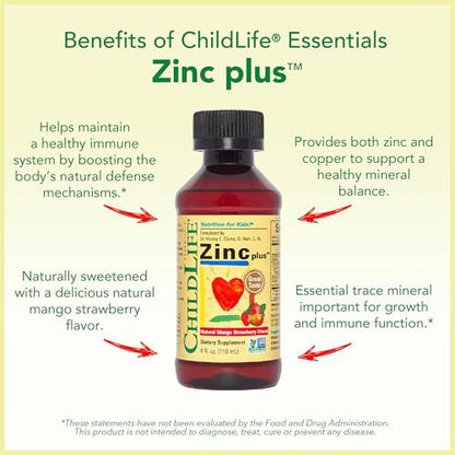 ChildLife Essentials Liquid Zinc Plus für Kinder & Kleinkinder – flüssige Nahrungsergänzungstropfen mit Zinkgluconat & Kupfer zur Unterstützung des Immunsystems, essentielle Mineralien – Mango-Erdbeer-Geschmack, 118 ml (1er-Pack)