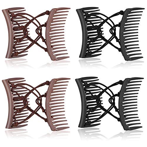 4 Stück verstellbare elastische Doppelkamm-Haarnadeln ohne Knicke für lockiges, dickes, welliges Haar (Schwarz, Kaffee)