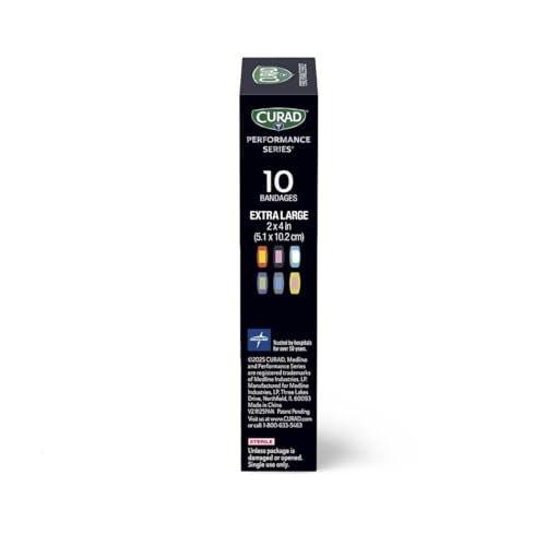 CURAD Performance Series IRONMAN Antibakterielle Pflaster – Extreme Hafttechnologie, extra große flexible Stoffpflaster für Schnitte, Schürfwunden & Verbrennungen, gemischte Farben, 2 x 4 Zoll, 10 Stück
