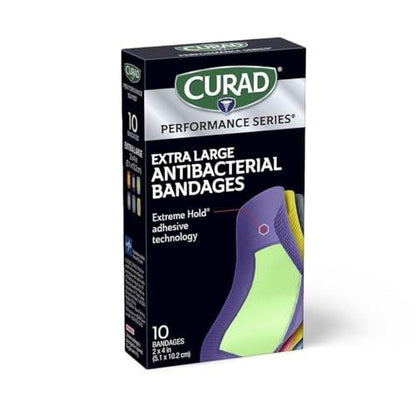 CURAD Performance Series IRONMAN Antibakterielle Pflaster – Extreme Hafttechnologie, extra große flexible Stoffpflaster für Schnitte, Schürfwunden & Verbrennungen, gemischte Farben, 2 x 4 Zoll, 10 Stück