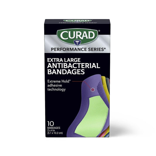 CURAD Performance Series IRONMAN Antibakterielle Pflaster – Extreme Hafttechnologie, extra große flexible Stoffpflaster für Schnitte, Schürfwunden & Verbrennungen, gemischte Farben, 2 x 4 Zoll, 10 Stück