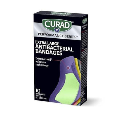 CURAD Performance Series IRONMAN Antibakterielle Pflaster – Extreme Hafttechnologie, extra große flexible Stoffpflaster für Schnitte, Schürfwunden & Verbrennungen, gemischte Farben, 2 x 4 Zoll, 10 Stück