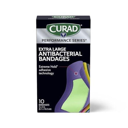 CURAD Performance Series IRONMAN Antibakterielle Pflaster – Extreme Hafttechnologie, extra große flexible Stoffpflaster für Schnitte, Schürfwunden & Verbrennungen, gemischte Farben, 2 x 4 Zoll, 10 Stück