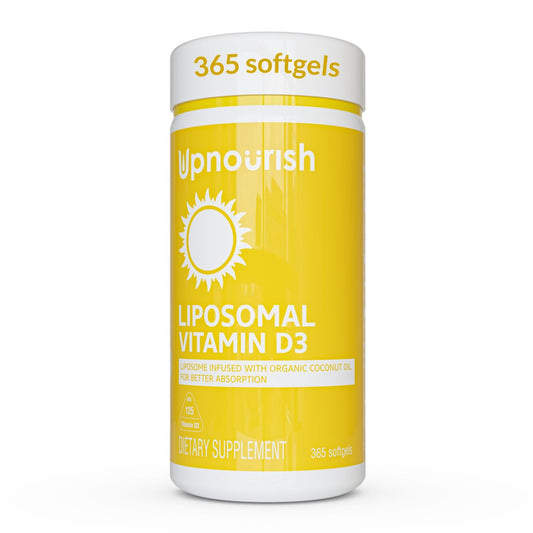 UpNourish Liposomales Vitamin D3 5000 IE Weichkapseln – 1-Jahresvorrat | Mit Bio-Kokosöl angereicherte Vitamin-D-Präparate zur Unterstützung von Knochen-, Zahn-, Herz-, Stimmungs- und Immungesundheit – Nicht-GVO, glutenfrei – 365 Stück