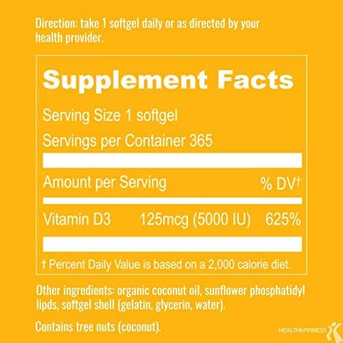 UpNourish Liposomales Vitamin D3 5000 IE Weichkapseln – 1-Jahresvorrat | Mit Bio-Kokosöl angereicherte Vitamin-D-Präparate zur Unterstützung von Knochen-, Zahn-, Herz-, Stimmungs- und Immungesundheit – Nicht-GVO, glutenfrei – 365 Stück