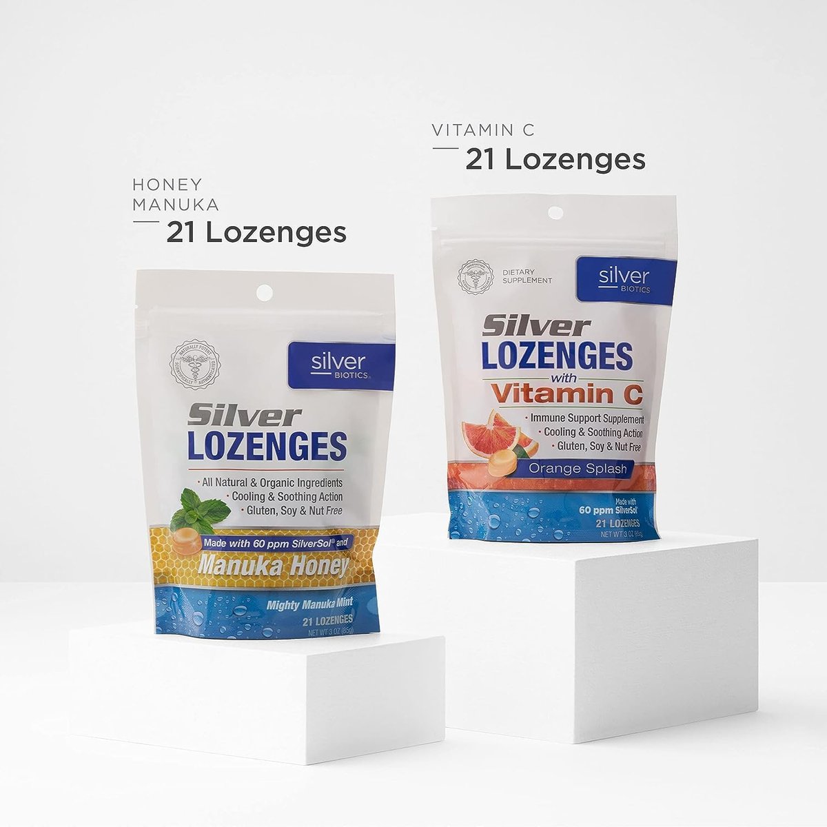 Silver Biotics Kolloidale Silber-Lutschtabletten | 60 ppm SilberSol Ag₄O₄ Technologie | Immununterstützung + Halsberuhigung | Orange mit Vitamin C | 21 Stück