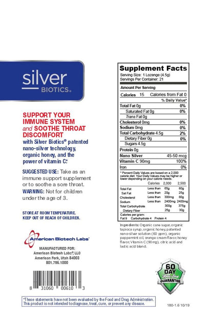 Silver Biotics Kolloidale Silber-Lutschtabletten | 60 ppm SilberSol Ag₄O₄ Technologie | Immununterstützung + Halsberuhigung | Orange mit Vitamin C | 21 Stück