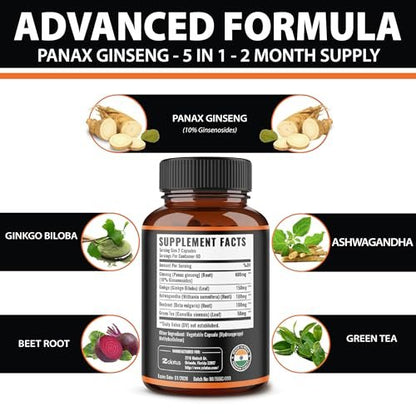 Zolotus Korean Red Panax Ginseng + Ginkgo Biloba, Ashwagandha, Rote Bete, Grüner Tee – 120 Kapseln für 2 Monate