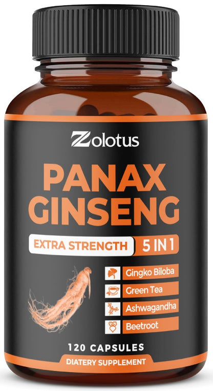 Zolotus Korean Red Panax Ginseng + Ginkgo Biloba, Ashwagandha, Rote Bete, Grüner Tee – 120 Kapseln für 2 Monate
