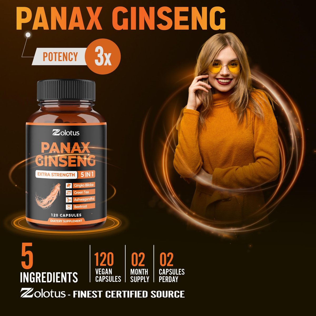 Zolotus Korean Red Panax Ginseng + Ginkgo Biloba, Ashwagandha, Rote Bete, Grüner Tee – 120 Kapseln für 2 Monate