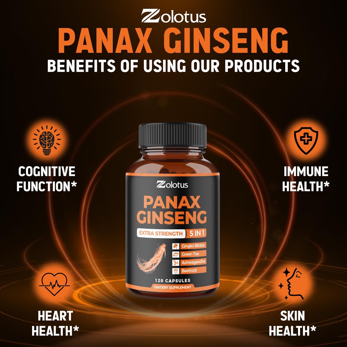 Zolotus Korean Red Panax Ginseng + Ginkgo Biloba, Ashwagandha, Rote Bete, Grüner Tee – 120 Kapseln für 2 Monate