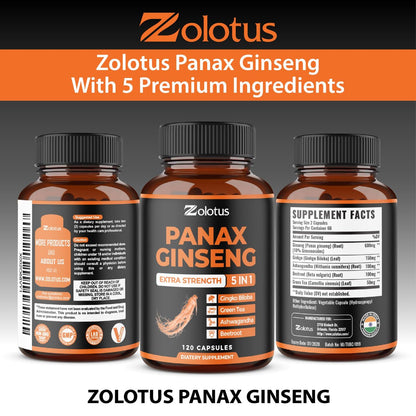 Zolotus Korean Red Panax Ginseng + Ginkgo Biloba, Ashwagandha, Rote Bete, Grüner Tee – 120 Kapseln für 2 Monate