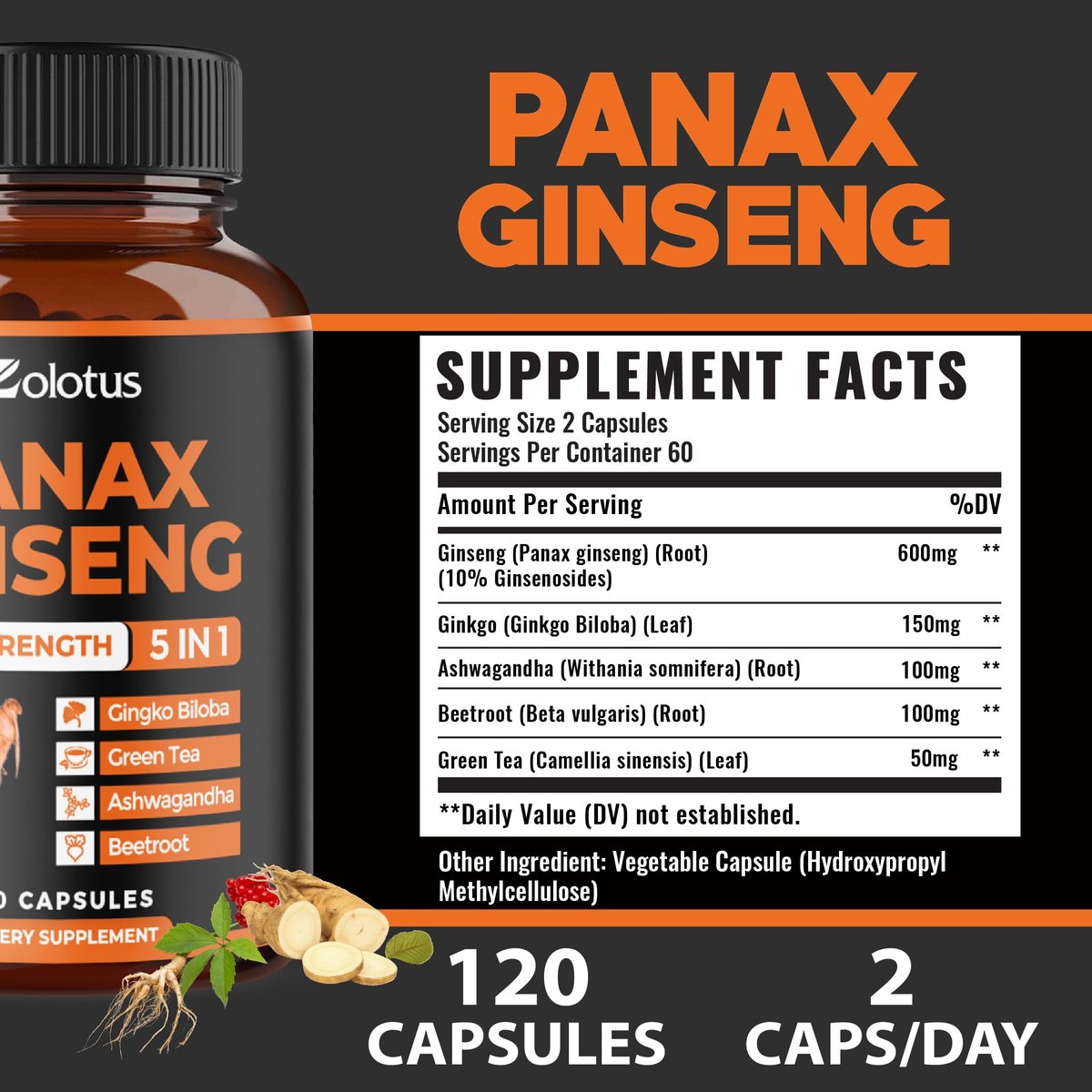 Zolotus Korean Red Panax Ginseng + Ginkgo Biloba, Ashwagandha, Rote Bete, Grüner Tee – 120 Kapseln für 2 Monate