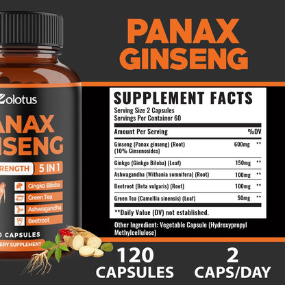 Zolotus Korean Red Panax Ginseng + Ginkgo Biloba, Ashwagandha, Rote Bete, Grüner Tee – 120 Kapseln für 2 Monate
