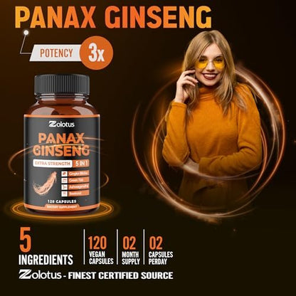 Zolotus Korean Red Panax Ginseng + Ginkgo Biloba, Ashwagandha, Rote Bete, Grüner Tee – 120 Kapseln für 2 Monate