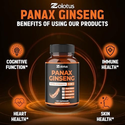Zolotus Korean Red Panax Ginseng + Ginkgo Biloba, Ashwagandha, Rote Bete, Grüner Tee – 120 Kapseln für 2 Monate
