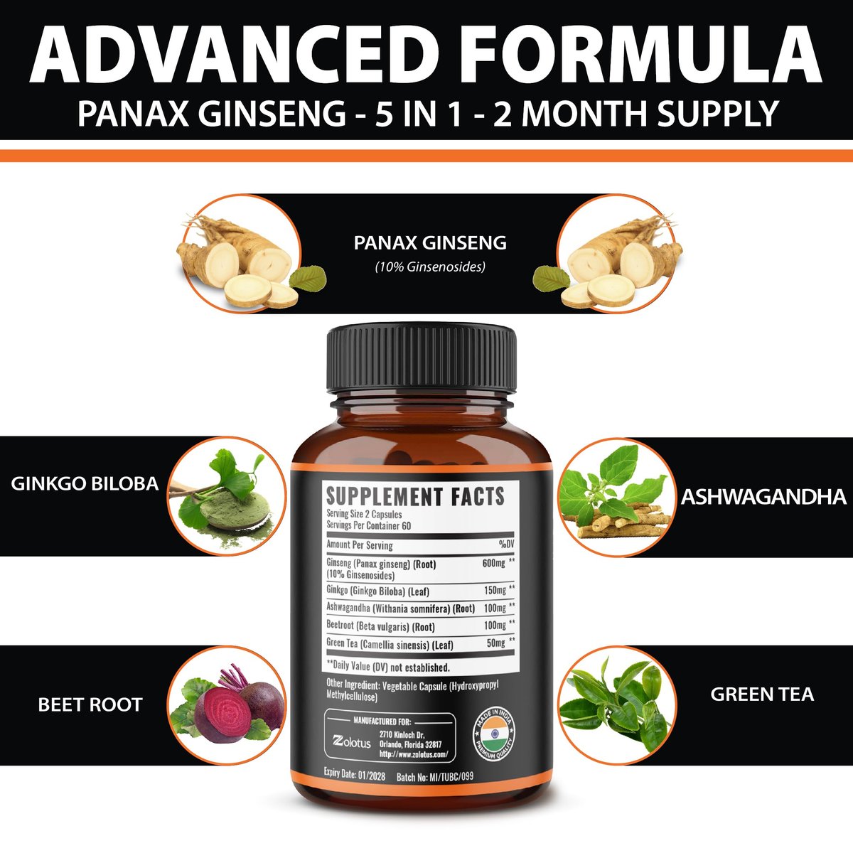 Zolotus Korean Red Panax Ginseng + Ginkgo Biloba, Ashwagandha, Rote Bete, Grüner Tee – 120 Kapseln für 2 Monate