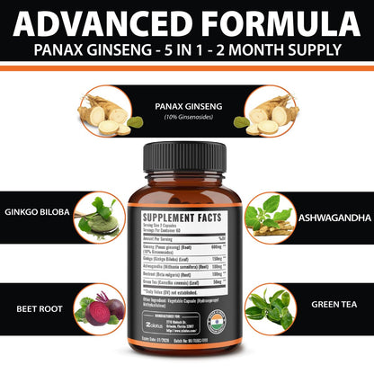Zolotus Korean Red Panax Ginseng + Ginkgo Biloba, Ashwagandha, Rote Bete, Grüner Tee – 120 Kapseln für 2 Monate