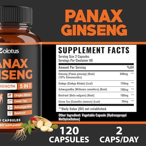 Zolotus Korean Red Panax Ginseng + Ginkgo Biloba, Ashwagandha, Rote Bete, Grüner Tee – 120 Kapseln für 2 Monate