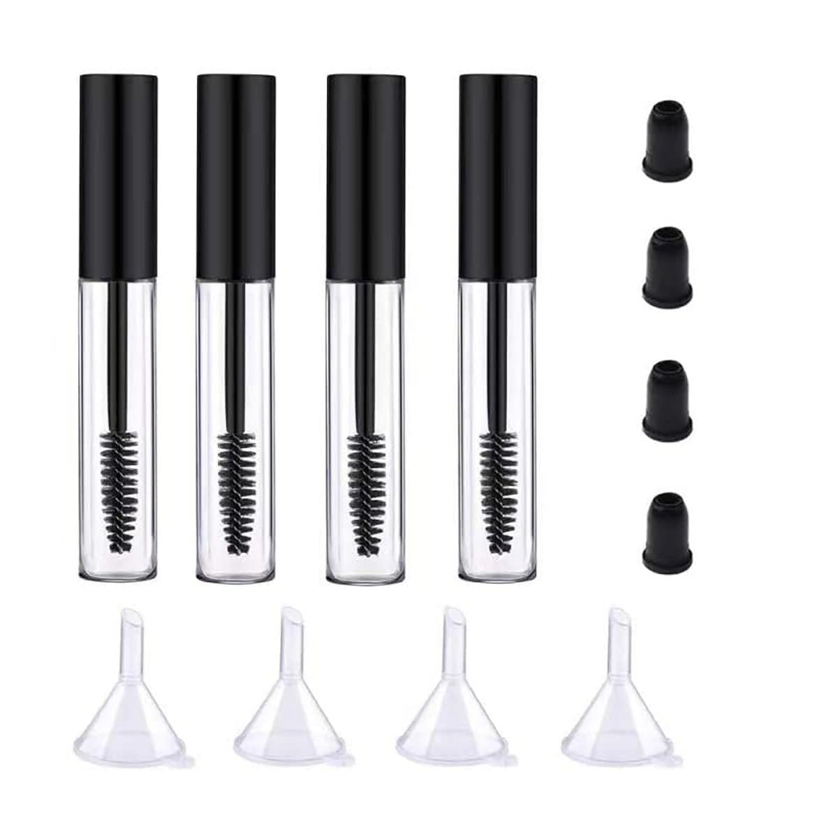 4er-Pack leere Mascara-Tube mit Wimpernbürste, ForSewian 10 ml Premium-Wimperncreme-Behälter mit Mini-Trichtern und Auslaufschutz (Schwarz)