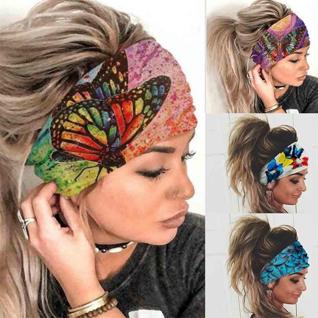 Olbye Breite Boho-Stirnbänder Kopftuch Schmetterling Stretch-Knopf-Haarbänder Bandana Yoga Laufen Athletik Turban Haar-Accessoires für Frauen 4 Stück (Boho)