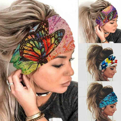 Olbye Breite Boho-Stirnbänder Kopftuch Schmetterling Stretch-Knopf-Haarbänder Bandana Yoga Laufen Athletik Turban Haar-Accessoires für Frauen 4 Stück (Boho)