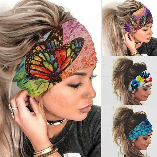 Olbye Breite Boho-Stirnbänder Kopftuch Schmetterling Stretch-Knopf-Haarbänder Bandana Yoga Laufen Athletik Turban Haar-Accessoires für Frauen 4 Stück (Boho)