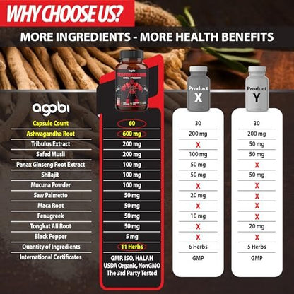 Testosteron Booster für Männer mit Ashwagandha, Tribulus, Ginseng & mehr - 11 Kräuter - Kraftunterstützung - 60 vegane Kapseln, 1 Monatsvorrat