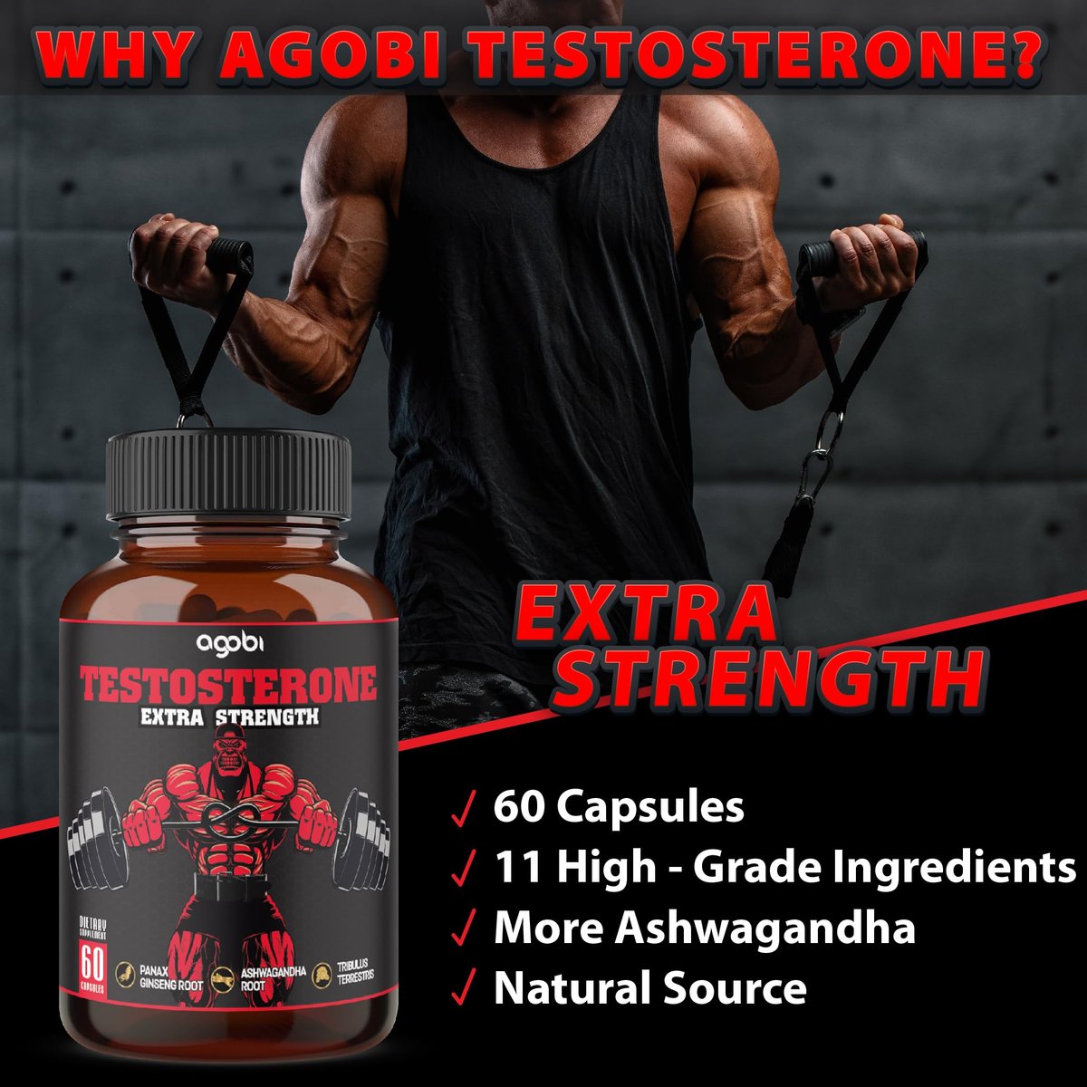 Testosteron Booster für Männer mit Ashwagandha, Tribulus, Ginseng & mehr - 11 Kräuter - Kraftunterstützung - 60 vegane Kapseln, 1 Monatsvorrat