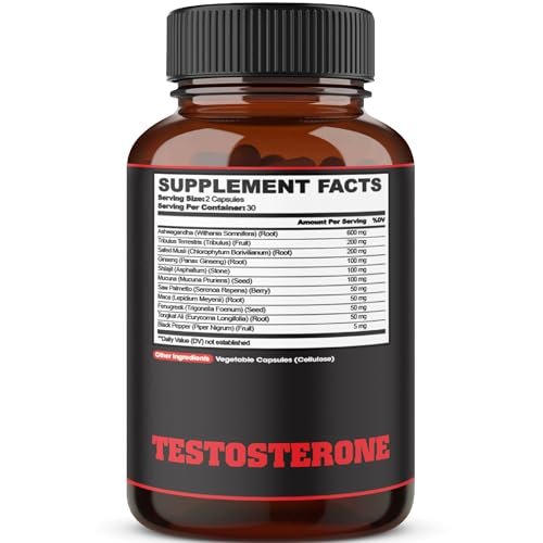 Testosteron Booster für Männer mit Ashwagandha, Tribulus, Ginseng & mehr - 11 Kräuter - Kraftunterstützung - 60 vegane Kapseln, 1 Monatsvorrat