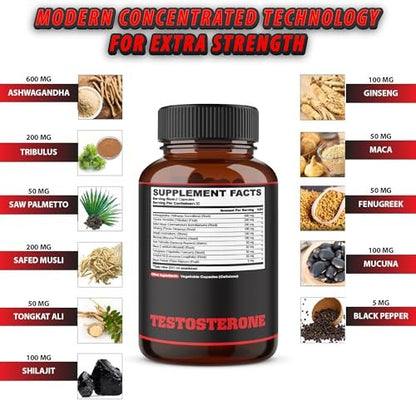 Testosteron Booster für Männer mit Ashwagandha, Tribulus, Ginseng & mehr - 11 Kräuter - Kraftunterstützung - 60 vegane Kapseln, 1 Monatsvorrat