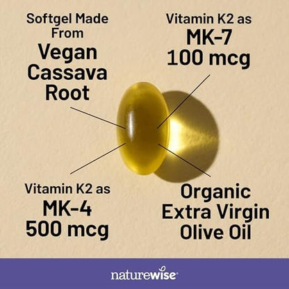 NatureWise Vitamin K2 600mcg Nahrungsergänzungsmittel mit MK-7 100mcg & MK-4 500mcg - Verbesserte bioverfügbare Formel - K-Komplex für Knochen- und Herzgesundheit - Vegan, Glutenfrei, Nicht-GVO - 90 Softgels [3-Monatsvorrat]