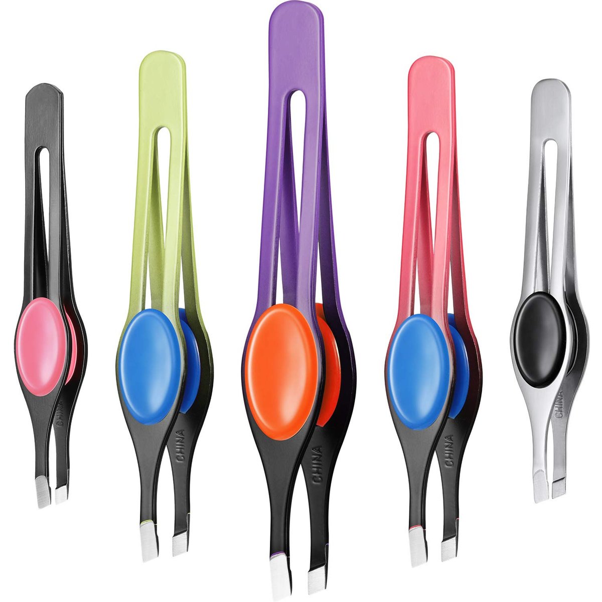 Chumia 5-teiliges Pinzetten-Set mit rutschfestem Griff, schräge Spitze, Edelstahl, Präzisionspinzette für eingewachsene Haare, Augenbrauenformung, Splitter, Mitesser-Entferner (bunter Gummigriff)