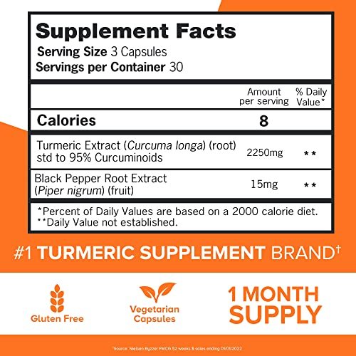 Qunol Curcumin 2250 mg mit schwarzem Pfeffer-Extrakt – 90 Kapseln, unterstützt gesunde Entzündungsreaktion und Gelenkgesundheit, vegetarisch