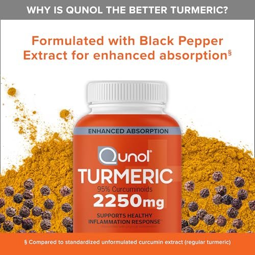 Qunol Curcumin 2250 mg mit schwarzem Pfeffer-Extrakt – 90 Kapseln, unterstützt gesunde Entzündungsreaktion und Gelenkgesundheit, vegetarisch