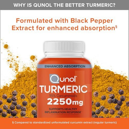 Qunol Curcumin 2250 mg mit schwarzem Pfeffer-Extrakt – 90 Kapseln, unterstützt gesunde Entzündungsreaktion und Gelenkgesundheit, vegetarisch