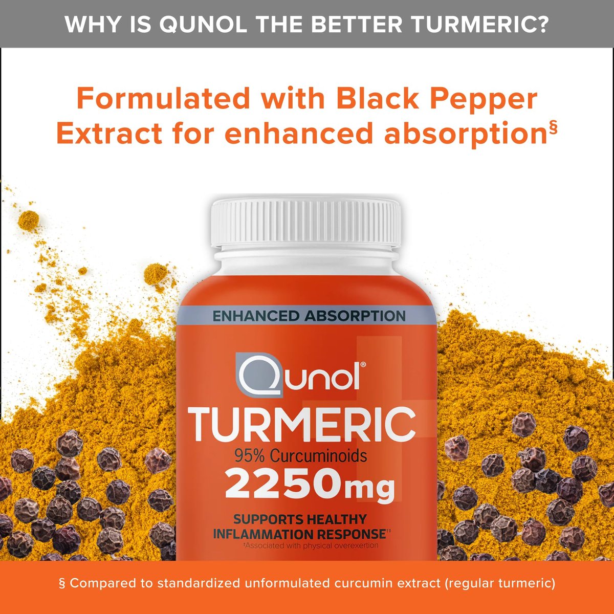 Qunol Curcumin 2250 mg mit schwarzem Pfeffer-Extrakt – 90 Kapseln, unterstützt gesunde Entzündungsreaktion und Gelenkgesundheit, vegetarisch